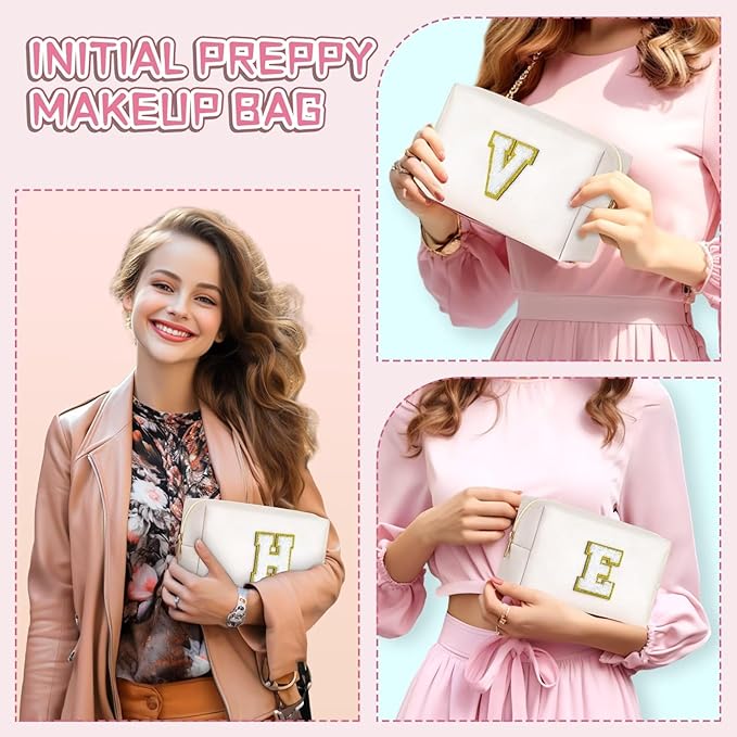 TOPEAST Cosmetic Travel Bags for Women, Preppy Small Makeup Bag, PU Leather Waterproof Toiletry Bag, Unique Friendship Gifts for Friends Coworker, Cute Stuff for Girls (White R)