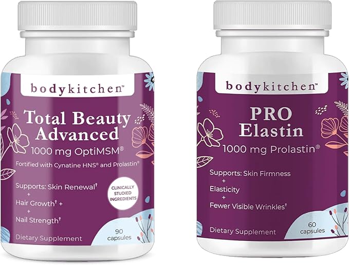 Body Kitchen Pro-Elastin & Total Beauty Advanced Bundle – Supports Skin Firmness, Elasticity & Radiance – Promotes Hair Growth, Skin Renewal & Nail Strength – Anti-Aging Beauty Supplements, Veggie Cap