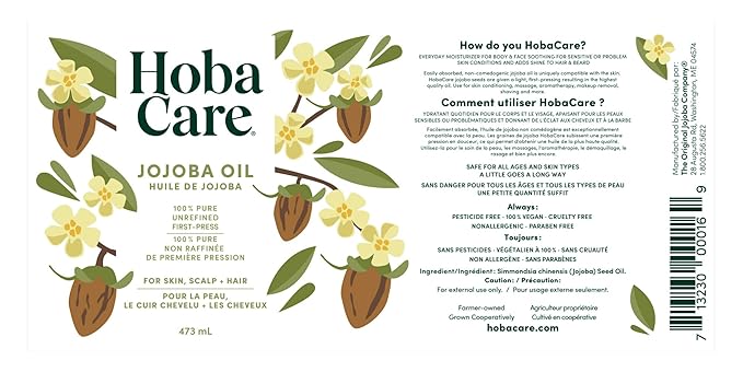 HobaCare Pure Jojoba Oil for Skin Care, Hair, Beard, Scalp Massage - 100% Unrefined Carrier Oil for Diluting Essential Oils - Natural, Hexane Free, Cruelty-Free, Long Shelf Life (16 oz)