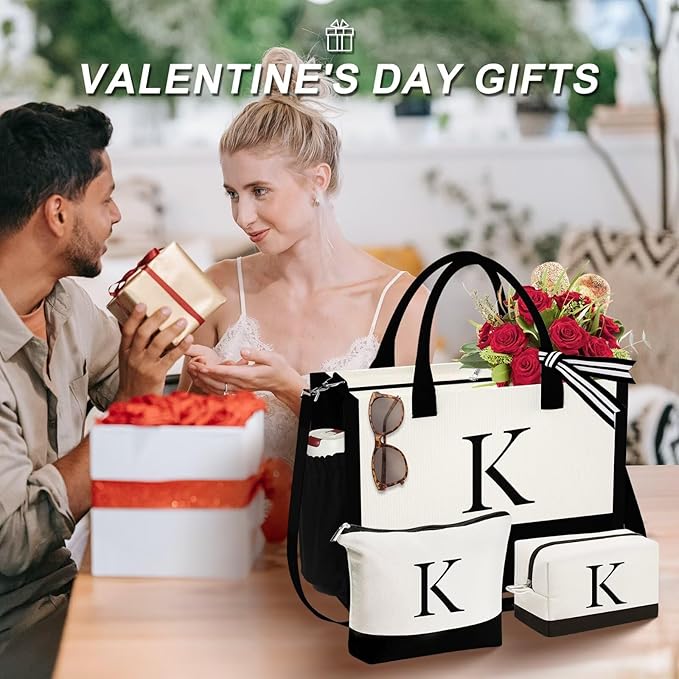 YOOLIFE Initial Canvas Tote Bag & Makeup Bag, Birthday Gifts for Women Mom Sister Friends, Bridesmaid Wedding Gifts