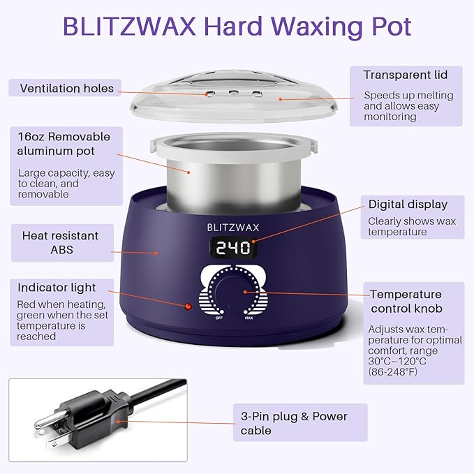 BLITZWAX Single Waxing Pot, Hard Wax Warmer for Face, Legs, Bikini, Brazilian and Body, for 16 oz, At Home Hair Removal Kit, for Men, Beginner Friendly, Quick Heating, Precise Temperature Control