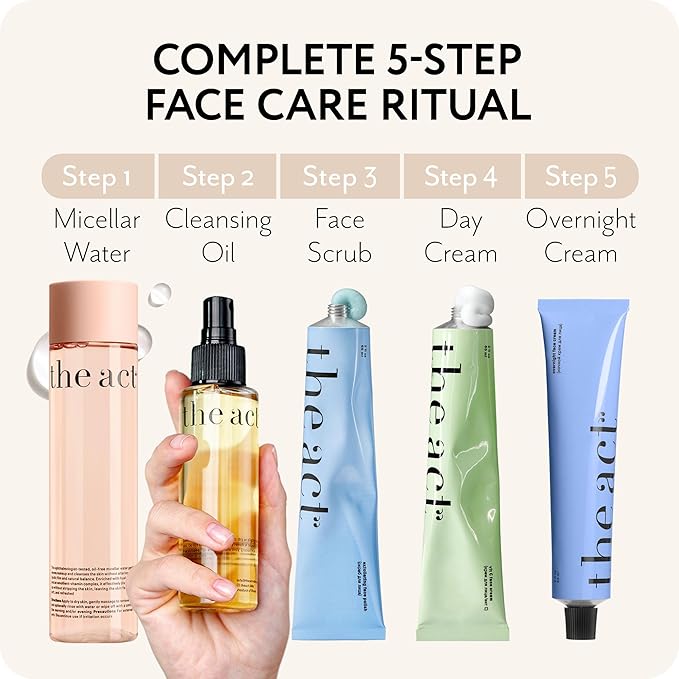 THE ACT 5-Step Face Care Set โ Gift Set for Her Women Mom Wife Girlfriend โ Micellar Water Cleansing Oil Face Scrub Day Cream Overnight Cream โ Luxury Beauty Set - Birthday, Christmas , Vegan