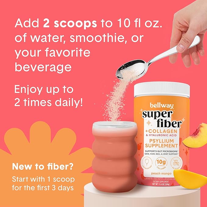 Bellway Super Fiber Powder + Collagen, Sugar-Free Psyllium Husk Powder with Collagen Peptides and Hyaluronic Acid for Digestive Health, Healthy Skin, Nails, Bones & Joints, Peach Mango (20 Servings)