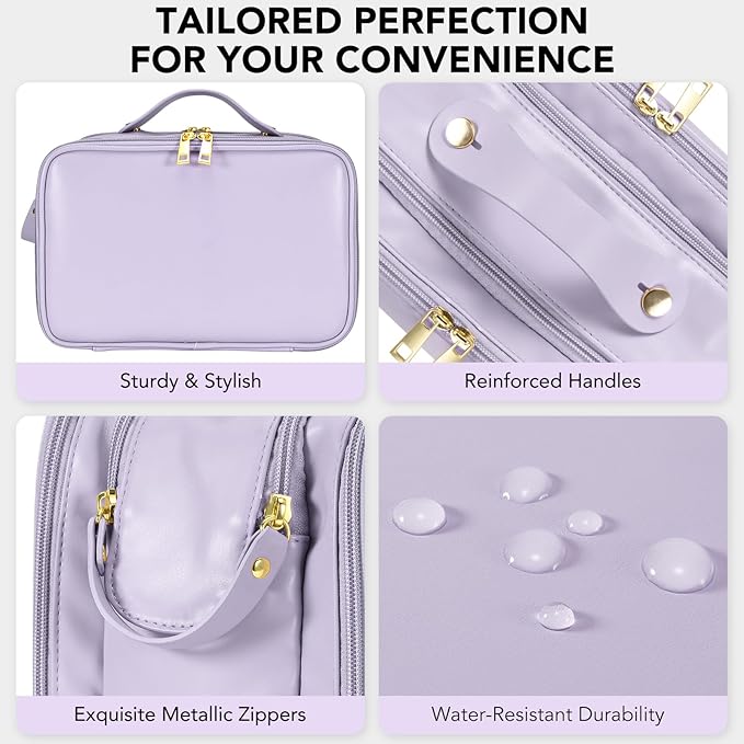 Travel Makeup Bag Women's Large Capacity Cosmetic Portable Organizer Large Opening Waterproof Storage Toiletry Bags Vertical Free-Standing Brush Holder for Easy Access Purple