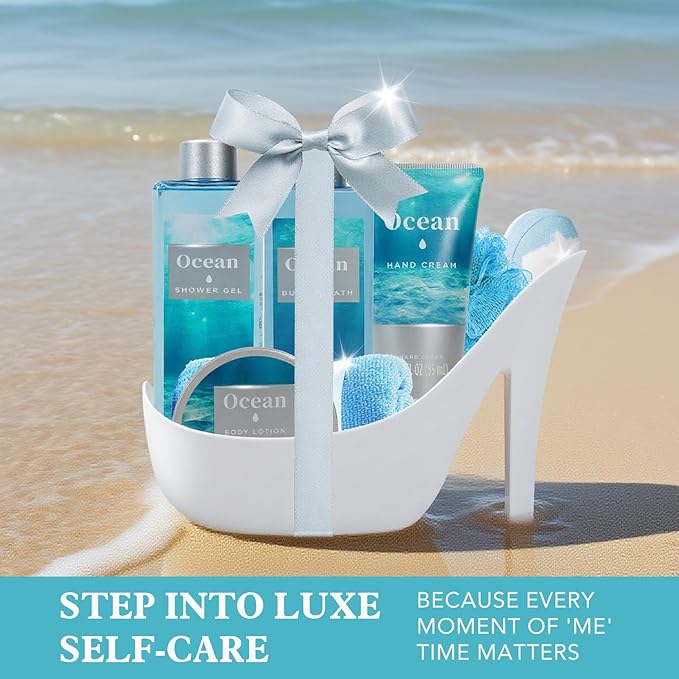 Ocean Bliss Gifts for Women Spa Basket, High Heel Bath Set with Sea Salt Scrub & Refreshing Gel, Birthday, Anniversary Gifts for Her, Best Friend, Sister ASIN B0FJFJ5WJM