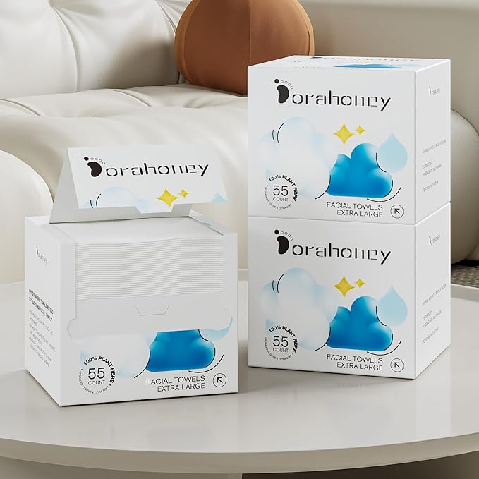 Disposable Face Towels, 12"×12" Extra Large Face Towelettes, Ultra Soft Facial Towels for Sensitive Skin, Makeup Remover Dry Wipes, 165 Count (3 Packs of 55)