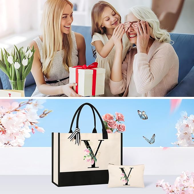 AYGE Personalized Initial Canvas Beach Bag Cosmetic Bags, Monogrammed Gifts for Women, Tote Bag, Makeup Bag, Birthday Gifts for Sister Mom Teacher Bridesmaid (Y)