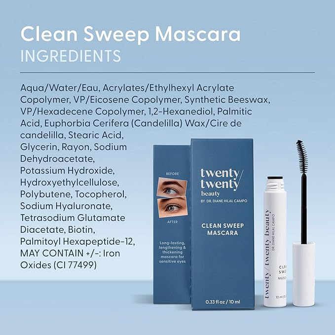Clean Sweep Mascara – Hypoallergenic Mascara For Stronger Longer Lashes – Ophthalmologist Developed - Nourishing, Gentle & Safe for Sensitive Skin - Vegan, Cruelty-Free, Clean Ingredients