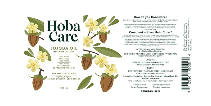 HobaCare Jojoba Oil for Hair, Skin, Face, Body, Scalp, Nails, Beard Care, Massage – 100% Pure Unrefined Natural Carrier Oil – Moisturizing, Vegan, Cruelty-Free, Hexane Free (8.45 oz)