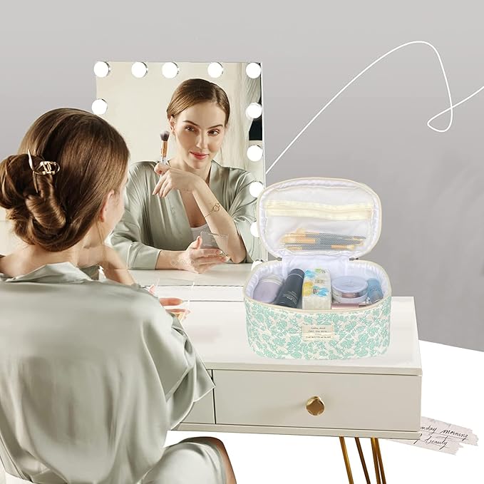 Green Large Quilted Floral Makeup Bag Cute Soft Coquette Aesthetic Cosmetic Bag Cotton Travel Toiletry Bag for Women