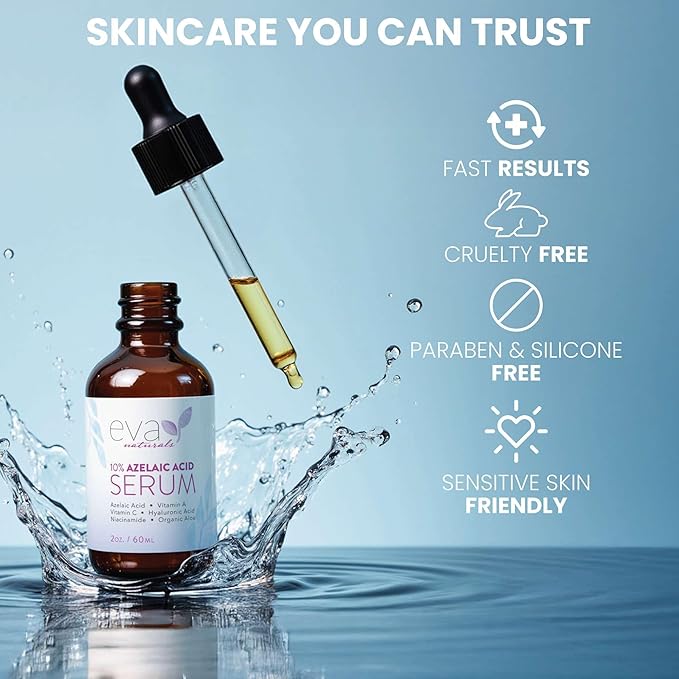 Eva Naturals Azelaic Acid Serum for Face – Niacinamide, Hyaluronic Acid, Vitamins A+C+E – Redness Relief, Dark Spots, Uneven Skin Tone, Texture, Pores, Topical Booster for Clearer, Smoother Skin, 2oz