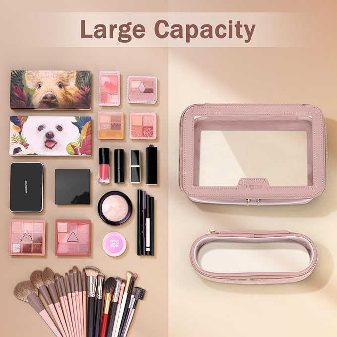 Travel Clear Makeup Bag with Makeup Brush Bag, Leather Makeup Case Toiletry Bag, Portable Cosmetic Bag Case, Transparent Waterproof Cosmetic Organizer Storage Bag for Women, Pink