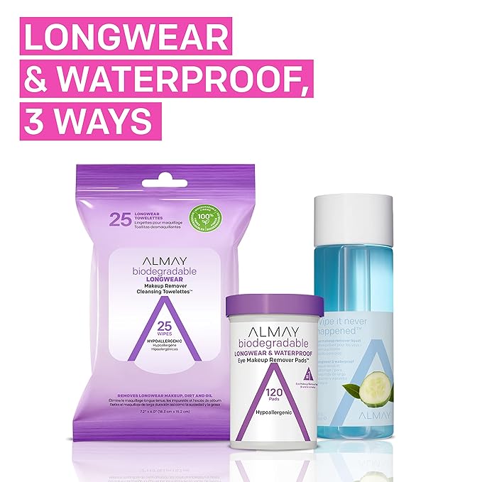 Almay Biodegradable Makeup Remover Pads, Longwear & Waterproof, Hypoallergenic, Fragrance-Free, Dermatologist & Ophthalmologist Tested, 80 Count