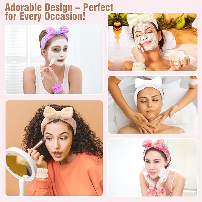Spa Headbands for Women with Wristband Set: Facial Makeup Headbands for Girls & Teens - Soft Coral Fleece Elastic Hair Wraps with Wrist Accessories for Washing Face Shower Bath Beauty Skincare Gifts
