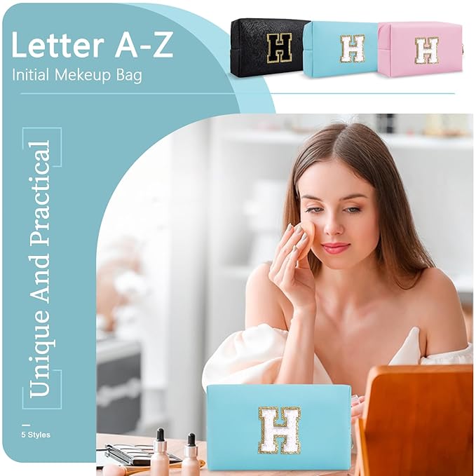 Small Personalized Initial A-Z Preppy Patch Makeup Bag,PU Chenille Letter Travel Cosmetic Pouch with Zipper,Blue Cute Toiletry Bag,Gift Ideal for Teen Girls Women Teacher Bridesmaid,Letter H
