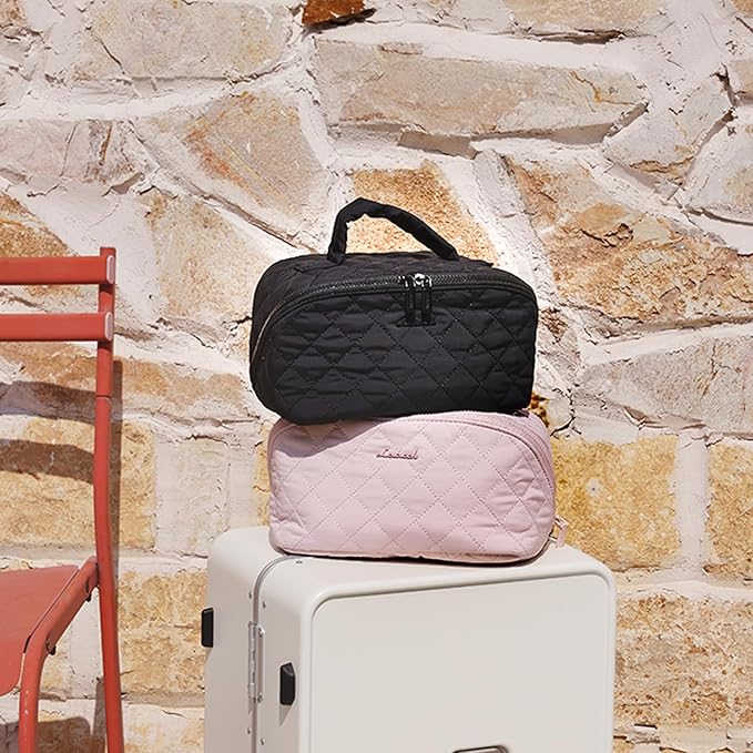 LOVEVOOK Travel Makeup Bag for Women, 2Pcs Set Puffer Waterproof Cosmetic Organizer, Large Capacity Pouch Open Flat Toiletry Bag with Divider & Handle, Portable Gift for Her, Green