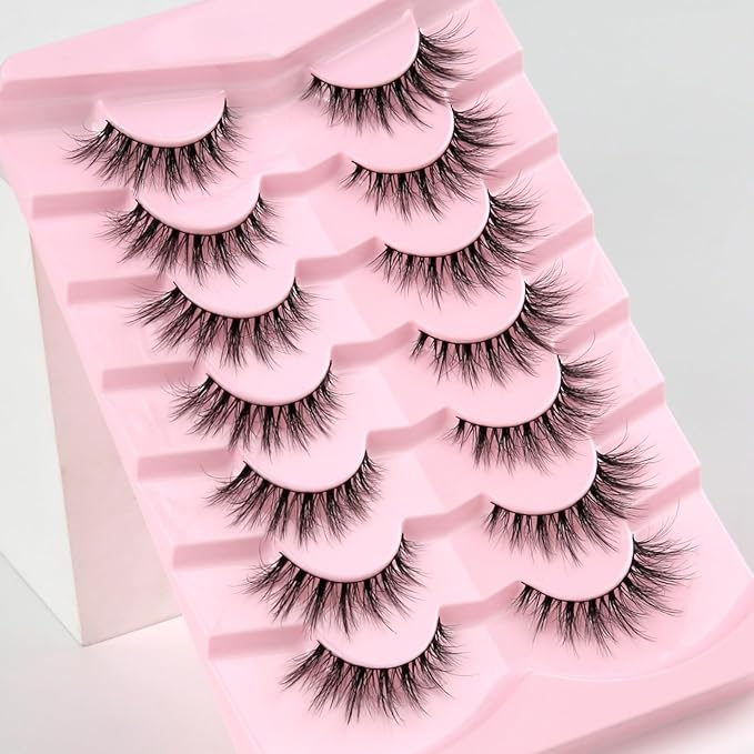 Lashes Natural Cat Eye Lashes Wispy Eyelashes 15mm False Eyelashes Wispy Lashes 3D Volume Strip Eyelashes Thin Cotton Band Soft Fake Eyelashes False Lashes Pack 7 Pairs Siligli