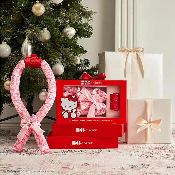 Hello Kitty x Kitsch XL Satin Heatless Curling Set- Heatless Hair Curler To Sleep In for Frizz-Free & Soft Curls, Comes with Bow Shape Design Hair Claw and Satin Scrunchies, Gifts for Women, 4pc Set