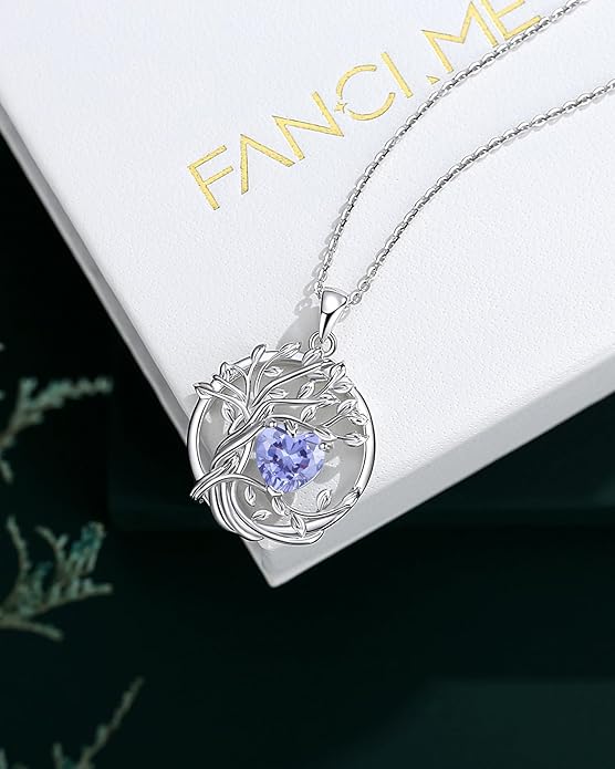 FANCIME Tree of life Birthstone necklace Sterling Silver Pendant Birthstone Necklace Gemstone Anniversary Birthday Jewelry Christmas Gifts for Mom Her Wife