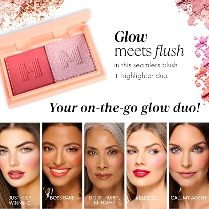 Mini Blush + Brighten Highlighter Duo, Lightweight Blendable Shimmer Blush, High Pigmented Makeup Powder Palettes, Cruelty Free - BoSS Babe