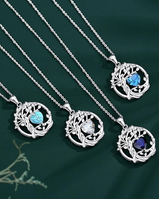 FANCIME Tree of life Birthstone necklace Sterling Silver Pendant Birthstone Necklace Gemstone Anniversary Birthday Jewelry Christmas Gifts for Mom Her Wife