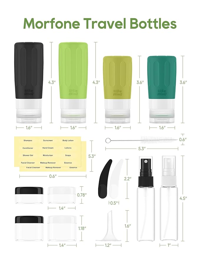 Morfone 16 Pack Silicone Travel Bottles Set for Toiletries TSA Approved Travel Containers Leakproof Squeezable Refillable Travel Accessories 2oz 3oz for Shampoo Conditioner Lotion Liquids(Green)
