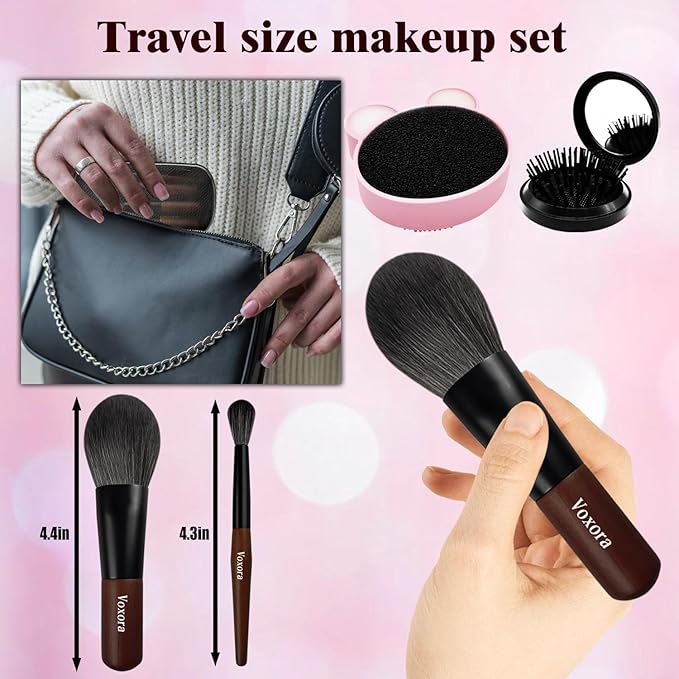 Travel Makeup Brush Set–Mini Makeup Brushes for Foundation, Powder, Eyeshadow, Blush, Contour, Concealer with Case, Silicone Brush Cleaner & Mini Hair Brush with Mirror–Perfect for Travel & Daily Usez