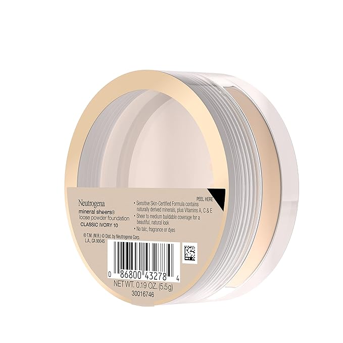 Neutrogena Mineral Sheers Loose Powder Makeup Foundation, Lightweight Face Makeup, Sheer to Medium Buildable Coverage, Sensitive Skin Foundation with Vitamins A, C, & E, Classical Ivory 10, .19 oz