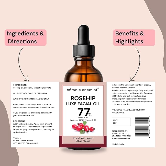 2in1 Rosehip Luxe Face Oil, 77% Rosehip Oil with Squalane and Vitamin E