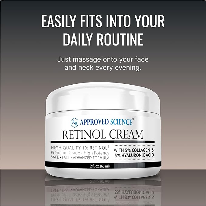 Approved Science Retinol Cream with 1% Retinol, 5% Collagen, and 5% Hyaluronic Acid - Revitalize, Brighten, Firm, and Plump Skin - 2 fl. oz. (60 ml)