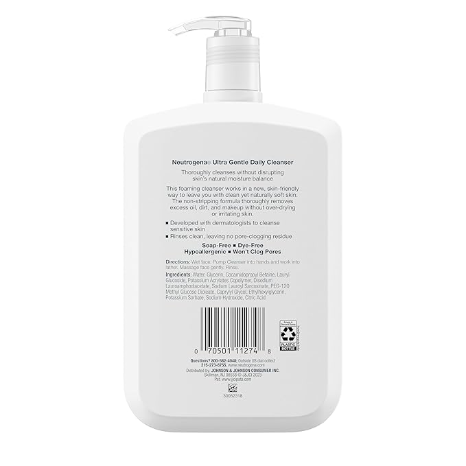 Neutrogena Ultra Gentle Foaming Facial Cleanser, Fragrance Free Hydrating Face Wash for Sensitive Skin, Daily Non Over Drying Makeup Remover, Hypoallergenic, Soap & Dye Free, Non-Comedogenic, 16 Fl Oz
