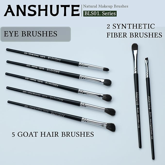 7-Piece Professional Eye Brush Set with Natural Goat Hair Bristles and Synthetic Fibers, Eyeshadow, Eyeliner, Concealer, and Precise Makeup Application,Super Soft Bristles, Labled Brush Handle