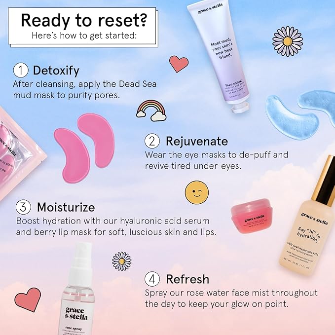 grace & stella Award Winning Skin Care Set - Gifts for Women - Travel Size Toiletries with Eye Masks, Hyaluronic Acid Serum, Lip Balm & More - Bridesmaids, Birthdays, Teen Girl Gifts - Vegan Self Care