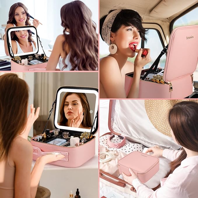 Seoneiro Makeup Travel Bag with LED Lighted Mirror Adjustable Brightness Portable Waterproof Makeup Case with Adjustable Dividers, Make up Train Case Organizer Makeup Brush Accessories and Tool Case