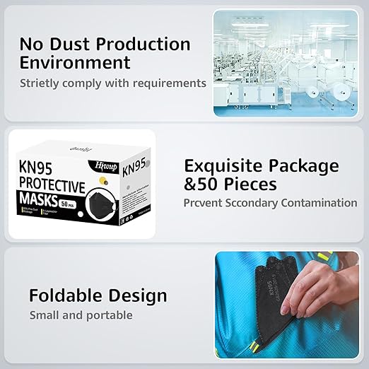 HIWUP KN95 Face Masks 50 Pack, Breathable Comfortable and Disposable KN95 Mask, Black