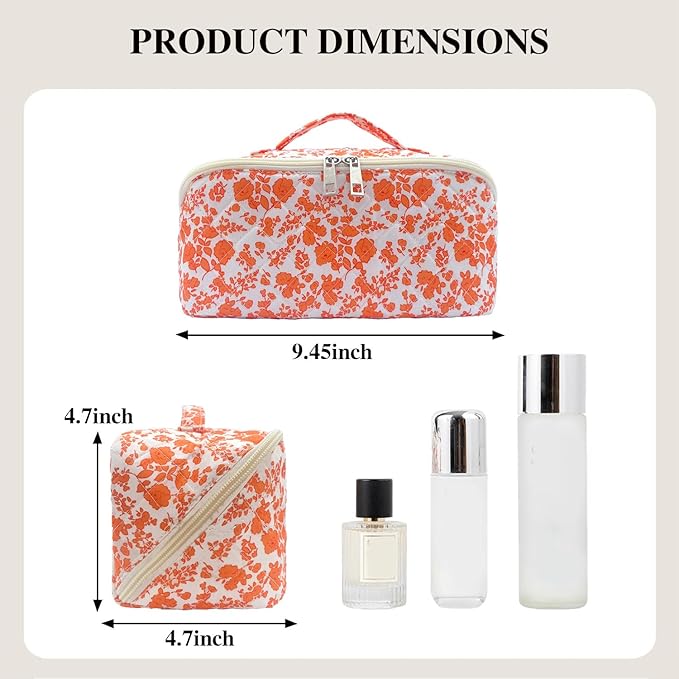 Orange Large Quilted Floral Makeup Bag Cute Coquette Aesthetic Cosmetic Bag Open Flat Travel Toiletry Make up Bag for Women