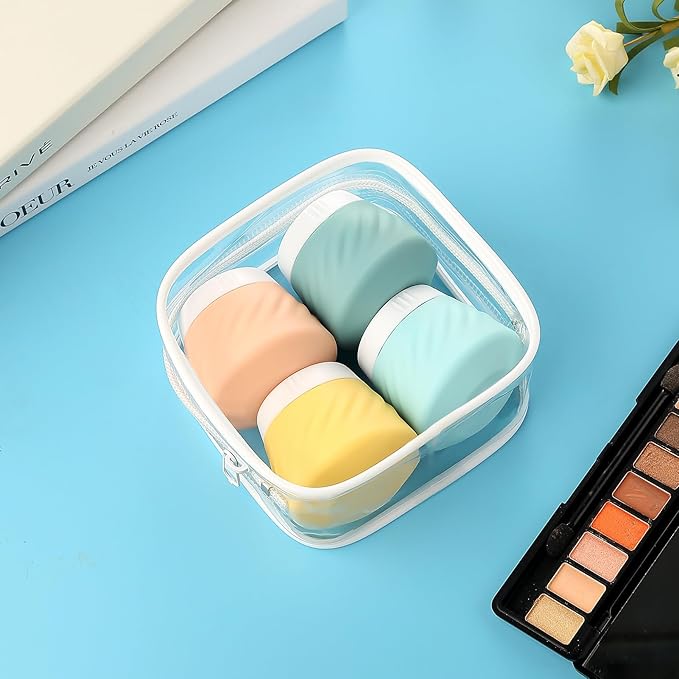 Gemice Travel Containers for Toiletries, Silicone Cream Jars TSA Approved Travel Size Containers with Toiletry Bag, Wide Mouth Leak-proof Travel Accessories with Lid for Cosmetic Cream (4 Pack)