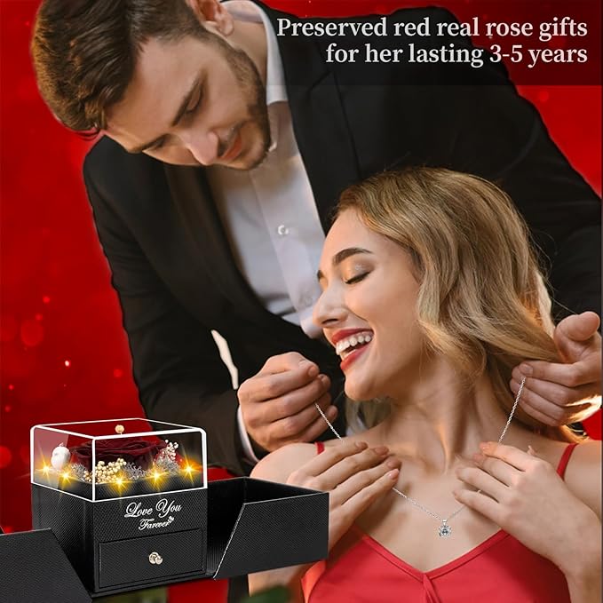 Preserved Wine Red Real Rose with Heart I Love You Necklace -Eternal Flowers Rose Birthday Gifts for Women Her Mom Wife Girlfriend Grandma on Valentines Mothers Day Christmas Anniversary Romantic