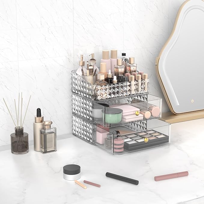Makeup Organizer for Vanity, Stackable Cosmetics Organizer and Storage, Cosmetic Display Cases with 2 Drawers and 1 Tray for Makeup Brush, Hair Accessories, Lipstick and Jewelry, Clear