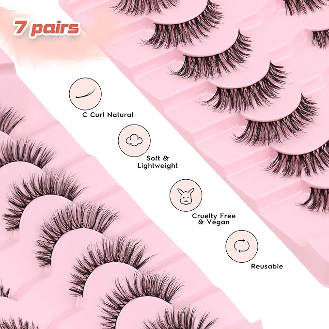 Wipsy Lashes Cat Eye 14MM False Eyelashes Natural Look C Curl Lash Strips 3D Volume Fake Eyelashes Thin Band Wispy Lashes Pack Siligli 7 Pair