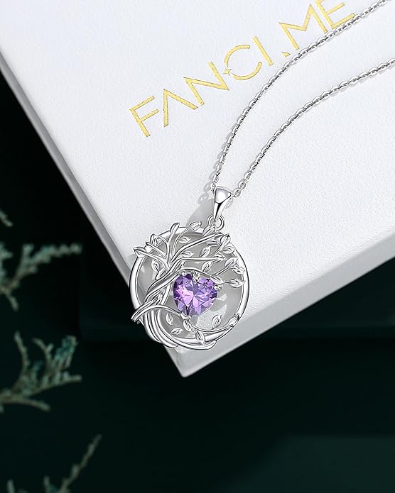 FANCIME Tree of life Birthstone necklace Sterling Silver Pendant Birthstone Necklace Gemstone Anniversary Birthday Jewelry Christmas Gifts for Mom Her Wife
