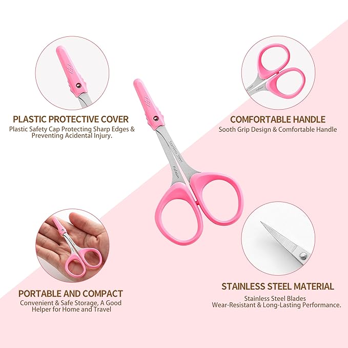 PAFASON High Precision Eyebrow Grooming Scissor Set, Beauty Makeup Cosmetic Tool, Curved, Straight Tip, Stainless Steel, Safety Case for Trimming Eyelash Extensions