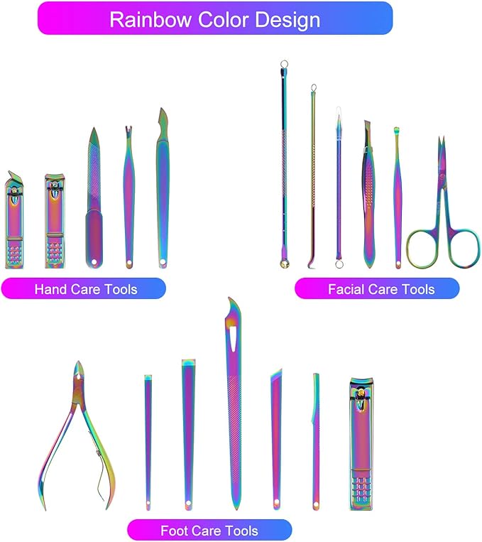 Rainbow Manicure Kits 18 Pcs Nail Clippers for Women Gift SFYDOM Women's Rainbow Leather Manicure Set (18-RainbowManicure Kits)