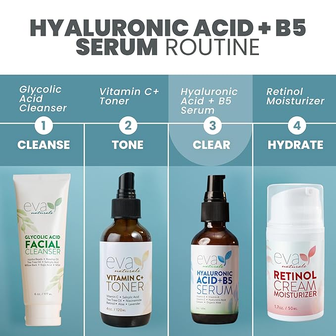 Eva Naturals Hyaluronic Acid + B5 Serum for Face – Ultra Hydrating Vitamin C & B5 Facial Serum for Deep Moisturizing, Wrinkle & Dark Spot Treatment, Skin Firming & Renewal