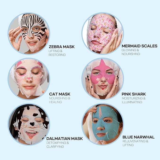 Epielle Animal Character Sheet Masks 12 Pack, Moisturizing & Rejuvenating Face Mask with Hyaluronic Acid & Vitamin E, Korean Skin Care, Girls Spa Party Favors, Sleepover, Self Care Gifts for Women