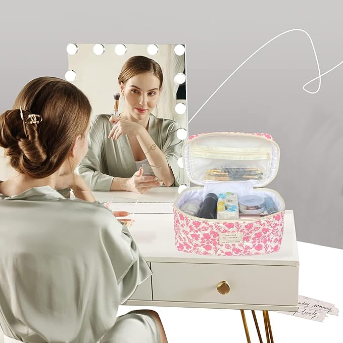 Pink Large Quilted Floral Makeup Bag Cute Soft Coquette Aesthetic Cosmetic Bag Cotton Travel Toiletry Bag for Women