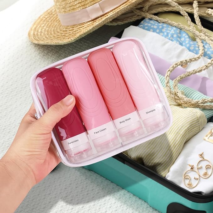 GLAMFIELDS TSA Approved Travel Bottles for Toiletries, 3oz Size Leak Proof Silicone Containers for Shampoo, Conditioner,Easy to Squeeze and Portable, Essentials for Traveling (4 Pack) Pink