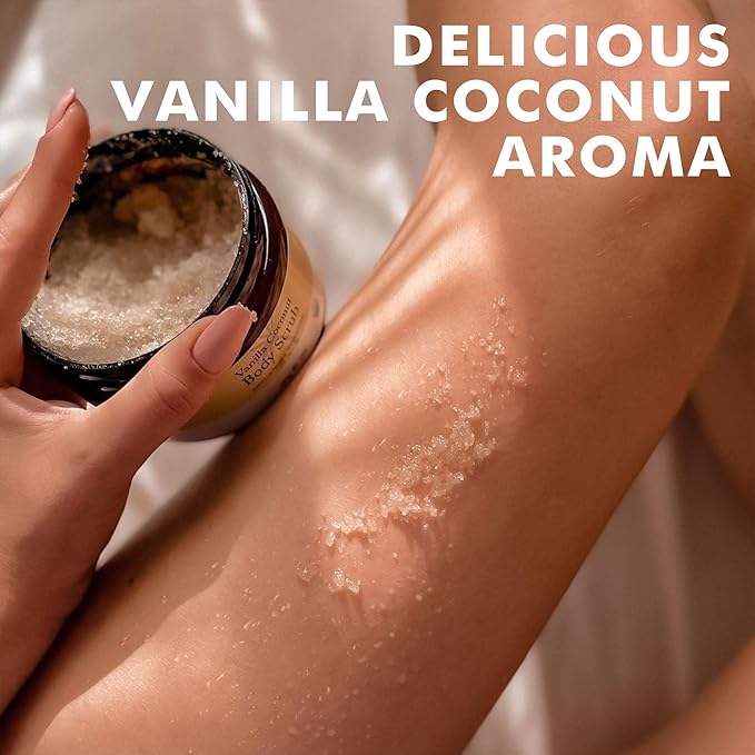 Organic Vanilla Coconut Body Scrub - USA Made Sugar Scrub with Natural Ingredients, Moisturizing Body & Foot Exfoliator for Dry and Sensitive Skin, Removes Dead Skin Cells & Reduces Ingrown Hair