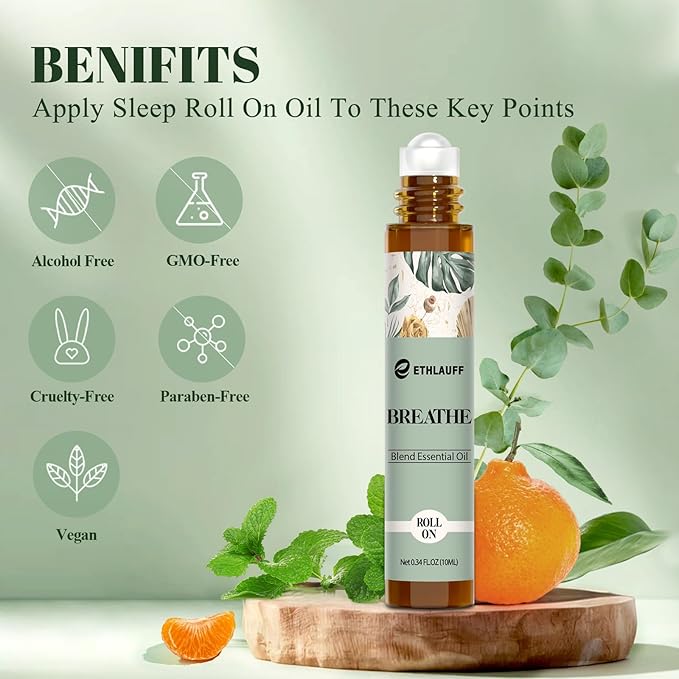 Breathe Essential Oil Blend 10 ml, Breath Easy Essential Oil Roll On, Natural Breathing Support for Sinus Relief, Headache