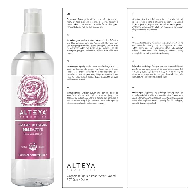Alteya Organics Rose Water USDA Certified Organic Facial Toner, 8.5 Fl Oz/250mL Pure Bulgarian Rosa Damascena Flower Water, Award-Winning Moisturizer BPA-Free Spray Bottle